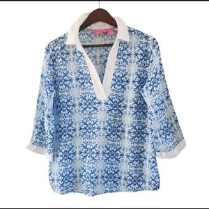 Isaac Mizrahi Blue Floral Linen Top Tunic Coastal 3/4 Sleeves Womens Size Small